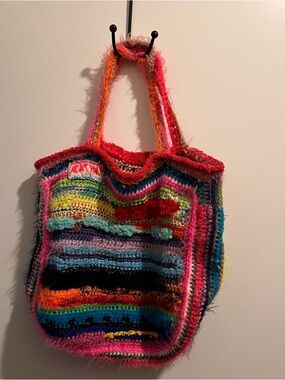 Rat Hat Recycled Crochet Patchwork Tote Bag Handmade Colorful Statement